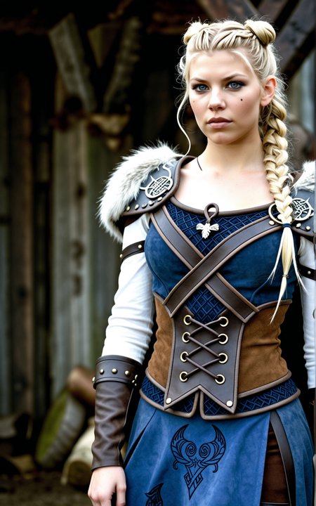 1girl,Viking, Lagertha from the TV series Vikings, Katheryn Winnick, 30yo, beautiful face, blonde hair, Long wavy haur, braided pigtails, hair accessories, blue eyes, curvy, large breasts, sensual, A ceremonial warrior outfit in midnight blue, frost silver, and earthen brown, featuring a battle skirt made from layered suede panels. A fitted leather chest plate is adorned with delicate knotwork embossing, secured by crisscrossing straps over the back. Worn with a fur lined cape and reinforced bracers.,