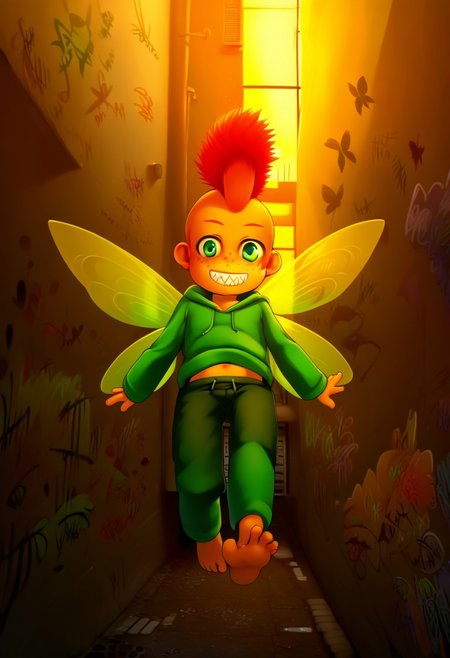 score_9, score_8_up, score_7_up, detailed eyes, source_cartoon,  manga_source,   BREAK
petite, young, solo, child, fairy, butterfly wings, (floating:1.5), flying,anime style,
type-h, solo, looking at viewer, sharp teeth, toothy grin, short hair, long sleeves, 1boy, freckles, green eyes, (mohawk:1.5), red hair, male focus, outdoors, alley, (graffiti on walls:1.5), hood, window, hoodie, from below, sunlight, thick eyebrows, spiked hair, lens flare,  green hoodie, shorts, croptop, crop top, belly exposed, navel exposed, feet outstretched,
