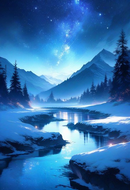 Create a breathtaking landscape that evokes awe and wonder. Picture a serene, pristine lake nestled among towering snow-capped mountains at night. The mountains should reflect perfectly in the crystal-clear water, with their peaks bathed in the cold light of the moon. Surround the lake with a lush forest of trees. Add a meandering path along the lake’s edge, inviting viewers to imagine a peaceful walk. Include a clear, starry sky emerging along with the moon, with a hint of the Milky Way visible. Enhance the scene with soft, glowing light to create a magical, almost otherworldly atmosphere.