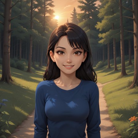 score_9, score_8, BREAK, solo, Mary_Wang_(Tales_of_Arcadia), 1girl, black hair, brown eyes, asian female, blue long sleeves shirt, self portrait, smile, looking at viewer, outdoors, sunlight, shadows, evening lighting, natural lighting, forest, trees, grass, orange sky, sunset