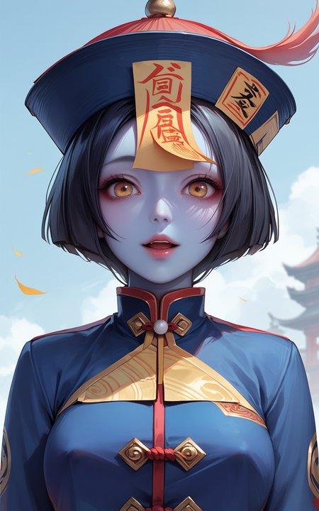score_9,score_8_up,score_7_up,
<lora:jiangshiPony:1>,
jiangshi,1girl,solo,qing guanmao,open mouth,hat,black hair,ofuda,blue skin,short hair,colored skin,upper body,breasts,chinese clothes,talisman,bangs,looking at viewer,long sleeves,