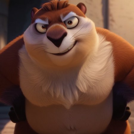 score_9, score_8_up, score_7_up, score_6_up, score_5_up, score_4_up, best quality, absurd, res, hazel eyes, movie accurate, perfect, no humans, animal focus, realistic, smirk, smug, 4K, groundhog, extreme detail, official screenshot, screencap, official, newest, 3D, 1boy, solo, male, brown fur, fat, black nose, broad shoulders, round ears, whiskers, cream fur, animal, furry, fluffy, looking at viewer, short legs, standing, hands on hips, black paws, black feet paws, no humans,