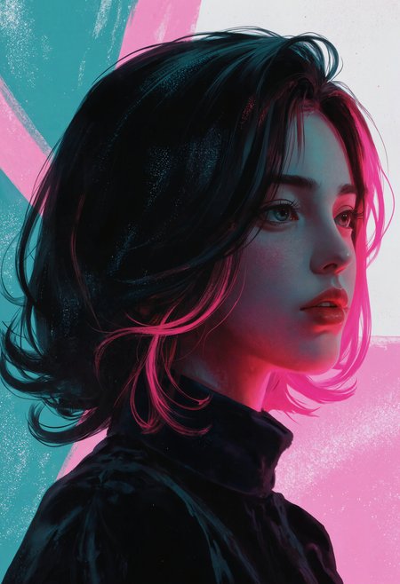 p0st_1mp4ct style, impasto, Silhouette of a young woman, profile view, with vibrant, stylized features. Dark, flowing hair with streaks of hot pink, contrasted against a backdrop of swirling, teal and magenta abstract forms. The woman's expression is serene, her gaze directed off to the side. Dark, solid forms create her silhouette. Vibrant teal and magenta abstract shapes swirl around her, creating a dynamic, almost ethereal atmosphere. Deep blacks and dark blues dominate the color palette. Bright magenta and teal highlights add a pop of color, and create a striking contrast. The composition emphasizes the silhouette and the surrounding abstract design, suggesting a dreamy, futuristic, or anime-inspired aesthetic. The piece utilizes a bold, expressive style reminiscent of graphic design and anime art. Texture appears fluid, with abstract, painterly brushstrokes that suggest movement and energy. Atmospheric lighting creates a strong contrast between light and shadow, emphasizing the silhouette. The perspective is a three-quarter profile shot, focusing on the woman's features and posture <lora:Evangelion_Post-impact_Apocalyptic_Style_Flux.1_D_by_AutoPastel-000019:0.38> <lora:Hand v2:0.94> <lora:Dark_Gray_Photography_flux:0.16> <lora:GDX_impasto:0.75> <lora:Mystic_Vision_Flux_V1.0:0.60>
