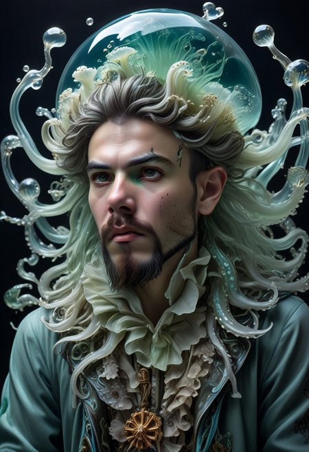 long mid shot portrait photography of an ethereal young  pirate man, fairytale aesthetic. light green sheme, Photorealistic, intricate details, realism, sfw, ultrasharp, photography, floating, water, under water, jellyfish, haute couture, tentacles, bioluminescence