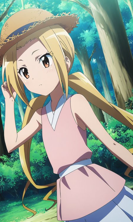 anime artwork hagimura suzu, 1girl, long hair, blonde hair, twintails, brown eyes, petite, flat chested, (straw = hat), forest,masterpiece,best quality,8k highres . anime style, key visual, vibrant, studio anime, highly detailed