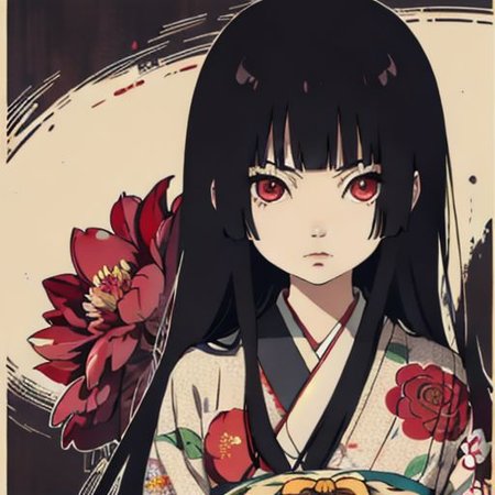 enma ai, hair down, hair black, bangs, eyes red, masterpiece, best quality, ultra-detailed, illustration, 1girl, solo, highres, photorealistic, ultra high res, (Original illustration composition), (fusion of limited color, Maximalism artstyle, kimono obi fashion, double exposure, background, illustration, Amazing, lily spider, night darkness, open one's mouth, flowers red, (polychromatic peony:1.15), Movie poster,
