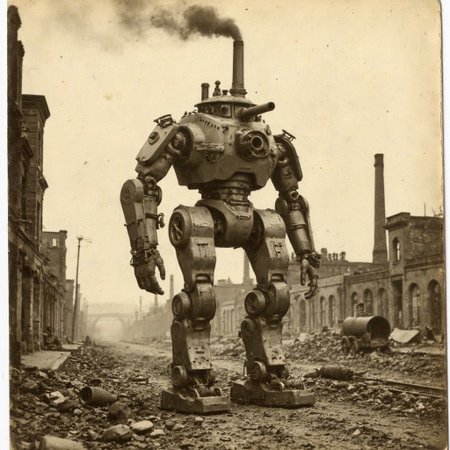 An aged worn sepia monochrome 1800s photograph of a steam powered mecha, turret with canon, walking robot, smokestacks up top, thick black smoke, walking through a war-damaged city,