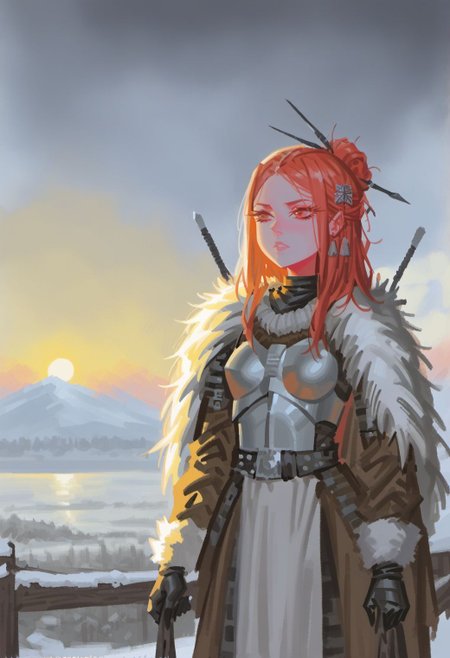 A fierce Mongol khan girl standing confidently next to a lake surounded by the steppes in the middle of winter, She is adorned in traditional Mongolian warrior armor, 
1girl, (petite:1.5), shoulder, standing, Mongolian outfit, hair ornament, fur trim, armor, leather garments, traditional clothes, regal, detailed background, open steppes, hills, dramatic sky, clouds, natural daylight, earth tones, hide armor, leather armor, vivid plumage, nsfw,
score_9, score_8_up, score_7_up, alphonsestyle,
<lora:fix_hands:1>, 
<lora:degenesis_v1:0.7> dgns 
<lora:dijor-v2:0.7> dijor, sketched