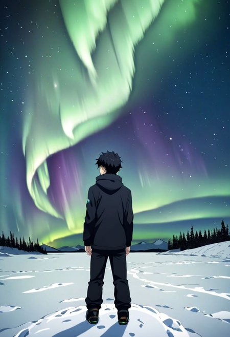 high resolution, solo, best quality, 1Boy, Arata Kaizaki, Black Hair, Blue Eyes, winter, Northern Lights, Stargazing, OverallDetail
