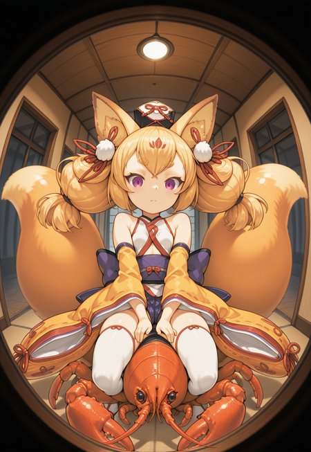 masterpiece,best quality,
izuna_ayrb,fox girl, twintails,gold hair, hair ribbon, hair ornament,purple eyes,  thick eyebrows, short eyebrows, round eyebrows, fluffy tail, animal ears, fox ears,kimono,underboob,long sleeves,detached sleeves, wide sleeves, bare shoulders,red ribbon,thigh highs,small breasts,, pov peephole, riding lobster, fisheye