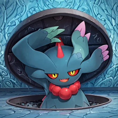 <lora:FlutterManeF:0.95> 
score_9, score_8_up, score_7_up, score_6_up, score_5_up, score_4_up, 
BREAK
1girl, solo, pokemon \(creature\), colored sclera, red sclera, yellow eyes, slit pupils, no humans, eyes half closed, open smile, fang, flesh fang, light blue background, detailed background,  
<lora:majimaEVERYWHERE_v10:1> (majima everywhere, manhole cover, arm up:1.3)