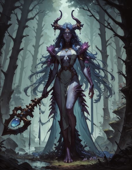 score_9, score_8_up, score_7_up, score_6_up, score_5_up, score_4_up,  1girl, solo, (full body), looking at viewer, monster girl, very beautiful, sorceress, holding a staff,  long hair, horns, scales,  blue and purple gradient skin, in the forest  <lora:Kenva:0.8> knva,   <lora:Concept Art Twilight Style SDXL_LoRA_Pony Diffusion V6 XL:0.8> concept art,   <lora:Expressive_H-000001:0.8> expressiveh   <lora:sinfully_stylish_SDXL>