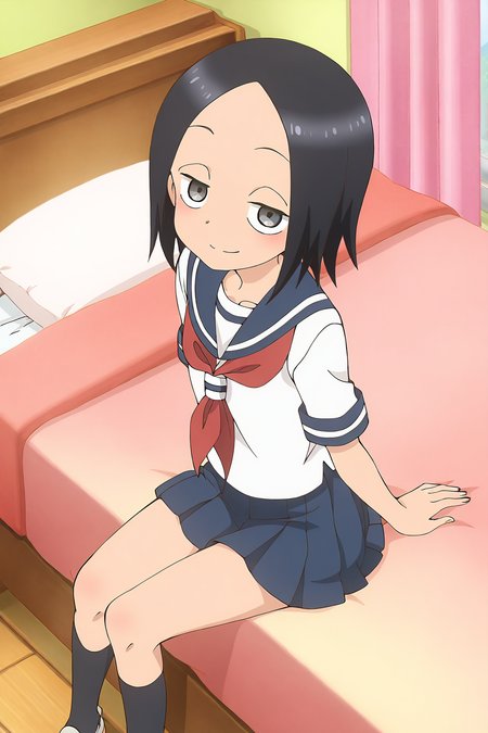 masterpiece,best quality,good quality,rating safe,, <lora:tsukimoto_sanae-ill_narcissu:1>,sanae, tsukimoto_sanae, karakai jouzu no takagi-san,1girl, solo, black hair, short hair, black eyes, grey eyes, bangs, parted bangs, serafuku, red neckerchief, blue sailor collar, short sleeves, white shirt,blue skirt,black socks,anime screencap,blush,sitting on the bed,looking at view,bedroom,smile