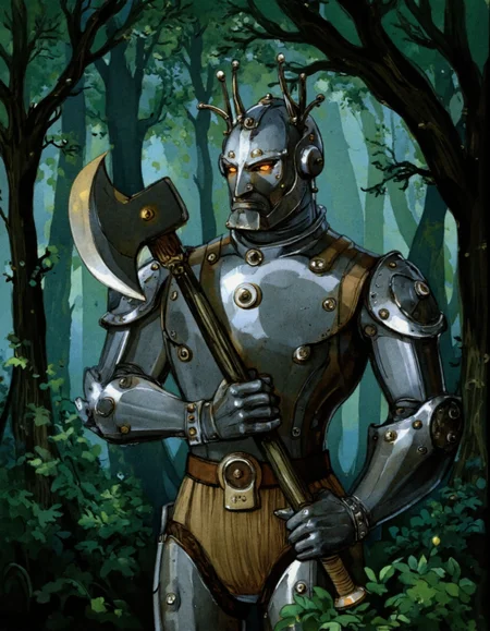<lora:LV_NEW:1>, Iron Woodman standing in an enchanted forest, his metallic body reflecting dappled light. His axe is polished to a shine, and his round face shows gentle determination. Style: Vladimirsky's blend of mechanical details (rivets, gears) with soft, organic lines. The forest has bioluminescent mushrooms and trees with Art Nouveau curves. Use a cool metallic palette with pops of emerald green, lighting