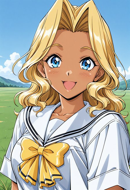 cindy_sakurai, blue eyes, blonde hair, long hair, dark skin, dark-skinned female, school uniform, serafuku, white sailor collar, yellow bowtie, white shirt, short sleeves, <lora:Graduation_cindy_sakurai_illustrious_ver1:0.8> 
smile,, masterpiece, best quality, very aesthetic, absurdres, general,, 1girl, solo, blue sky, (grasslands:1.2), looking at viewer,, (upper body:1.2), (close-up:1.2), (facing viewer:1.2), (open eyes:1.4), (portrait:1.2)