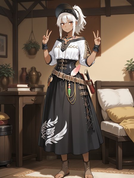 1girl,solo,dark-skinned female,standing,,looking at viewer,full body,chain,indoors,lips,closed mouth,black headdress,black necklace,black cross-laced clothes,black corset,black wrist cuffs,brown belt,black long skirt,brown toeless footwear,white hair,ponytail,book sheath,blurry,double v,smile,
masterpiece,best quality,amazing quality,very aesthetic,absurdres,newest,<lora:Felicita & Clerk Suit Armor illuXL v1:0.7>,