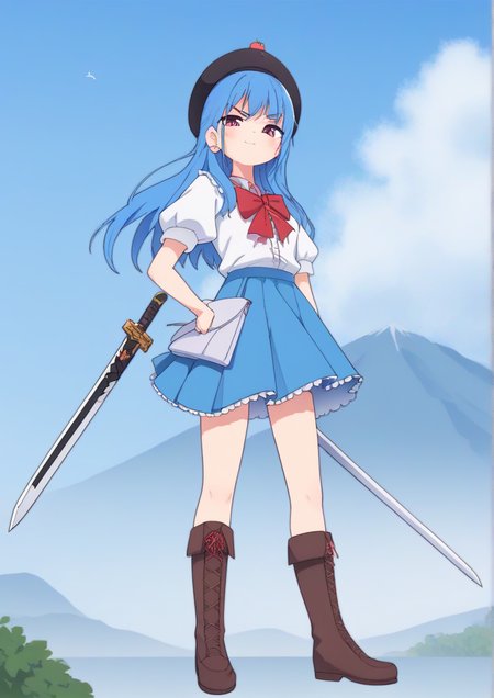 1girl,>:(, black headwear, blouse, blue hair, blue skirt, blue sky, boots, bow, bowtie, brown footwear, closed mouth, day, fog, food, frilled shirt, frills, fruit, full body, hat, leaf, long hair, looking at viewer, mountain, outdoors, peach, petticoat, pink eyes, puffy short sleeves, puffy sleeves, red bow, red bowtie, shirt, short sleeves, skirt, sky, solo, standing, sword, sword of hisou, v-shaped eyebrows, weapon, white shirt <lora:Halla:1> Halla