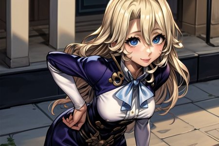masterpiece, Lily Kokoschka , best quality, best quality, ultra-detailed, highres,sharp focus,(ultra detailed,extremely detailed), 1girl,(masterpiece, best quality), LilyKOKOSCHKA, 1girl, solo, long hair, small breasts, blonde hair, Blue eyes, Deep Blue eyes, hair between eyes, uniform, ascot, wavy hair, eyes visible through hair, white ascot, Skirt, hungry clicker,  outdoors, street, cowboy shot, leaning forward, , brutal smile, Best Quality, masutepiece0Beautiful face0Strong-minded woman0