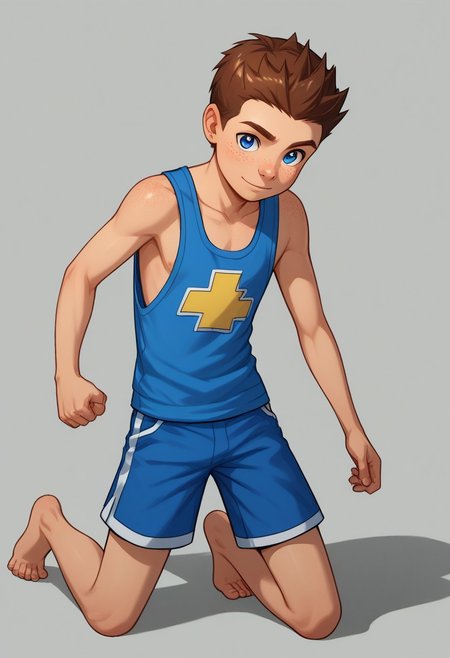 score_9, score_8_up, score_7_up, highly detailed, cute boy, 1boy, solo, young, Jack Power, Blue Eyes, Brown Hair, Freckles, Mass Master, tank top, shorts, barefoot