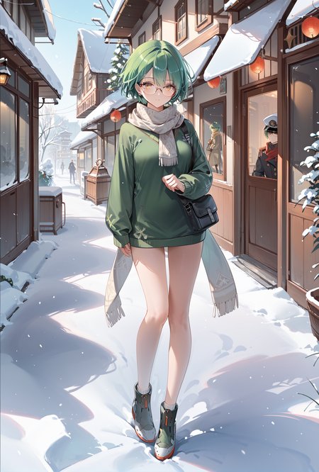 score_9, score_8_up, score_7_up,full body, 
middle eastern architecture, street,  
 admiral nakhimov (azur lane), 1girl, green hair,yellow eyes, short hair, 
sweater,snow,scarf,semi-rimless eyewear, <lora:NakhimovXLPony:0.9>