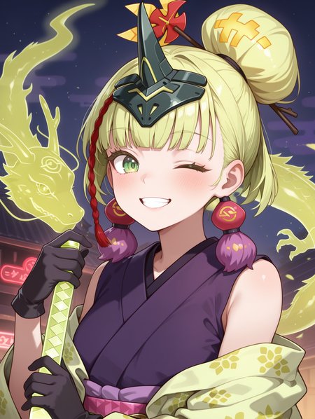 no-p.u.n.k. deer note,1girl,one eye closed,solo,smile,looking at viewer,blush,hand on hilt,green hologram katana,reverse grip,grin,single hair bun,upper body,teeth,black gloves,red hair ornament,purple tassel earrings,black horn headpiece,green haori,purple sleeveless kimono,pink sash,green hologram east dragon,egasumi,night sky,neon lights,off shoulder,
masterpiece,best quality,amazing quality,very aesthetic,absurdres,newest,<lora:No-P.U.N.K. Deer Note illusXL v1:0.75>,