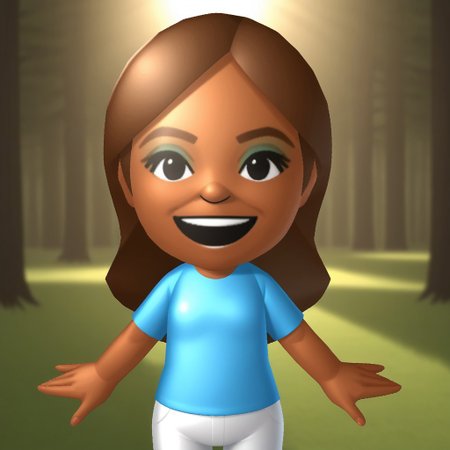 score_9, score_8, BREAK, solo, wii, mii, wii sports, 1girl, female mii, black eyes, brown hair, brown eyebrows,  blue eyeshadow, dark skin, open mouth, cyan clothing, white pants, sneakers, nintendo mii, modern_mii, classic_mii, breasts, haruka_(wii_sports), cute, sexy pose, smile, outdoors, sunlight, shadows, evening lighting, natural lighting, forest, trees, grass, orange sky, sunset