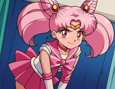 score_9, score_8_up, score_7_up, source_anime, <lora:chibiusa-tsukino-s3-ponyxl-lora-nochekaiser:1>, chibiusa, cone hair bun, double bun, hair bun, hair ornament, pink eyes, pink hair, short hair, twintails, circlet, parted bangs,, bow, brooch, choker, earrings, elbow gloves, gloves, heart, heart brooch, magical girl, pink bow, pink choker, pink sailor collar, pink skirt, pleated skirt, sailor collar, sailor senshi uniform, skirt, stud earrings, white gloves,, indoors, bent over, smile, smug, looking at viewer, solo,, cowboy shot, dutch angle