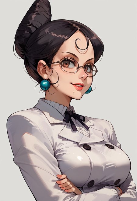 source_anime, score_9, score_8_up, score_7_up, vibrant colors, simple background, detailed, high quality, transparent background,
BREAK
upper body, absurdres, detailed hair, face focus, high detailed face, perfect face, perfect eyes, shiny eyes, lip gloss, shiny hair, brown eyes, glasses, ball earrings, large breasts, black hair, high bun hair, hair bun, mole under mouth, neck ribbon, double breasted blazer, long sleeves, crossed arms, perfect hands, perfect skin, texturized skin, large eyelashes, texturized fabric, seductive smile, suggestive expression
