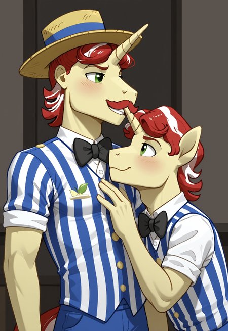 safe_pos, safe_pos, score_9, score_8_up, score_7_up, rating_nsfw, ultra hd, absurdres, duo, masculine male, masterpiece, best quality, best aesthetic, Expressiveh, wolfconf,

(MLPFlim, flim_redhair, flim_quartercutiemark, unicorn, bowtie, striped shirt,) BREAK
(MLPFLam, flam_redmustache, flam_redcutiemark, flam_redhair, striped shirt,) (portrait) looking at viewer, smiling, straw hat, apple orchard, mischievous, horny, anthro, holding hands
