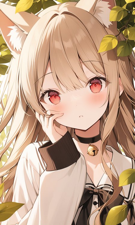 1girl, safe, solo, long hair, looking at viewer, blush, red eyes, animal ears, parted lips, choker, sleeves past wrists, black choker, bell, leaf, portrait, jingle bell, hand on own face