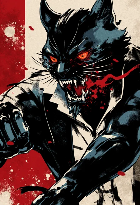 <lora:Yoji_Shinkawa_Style_FLUX-000012:0.8>
This image is a stylized digital illustration with a gritty yshinkawa cyberpunk anime aesthetic, showcasing  an angry cat hissing