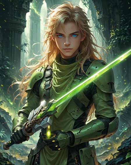 score_9, score_8_up, score_7_up, intricate details, rating_questionable, fantasy setting,
<lora:homri52:1>,
<lora:Plasma_Sword:1>,
1boy(human, young man, pale skin, long hair, blond hair, blue eyes, swedish, science fiction knight, holding a plasma sword, glowing green Plasma Sword, crackling green energy around the sword, solo, cowboy shot), alien battlefield, craters, trenches, detailed background, depth of field, 
best quality,
<lora:ral-chrosc-clr:0.5>, ral-chrosc-clr,
<lora:Expressive_H:0.5>
<lora:xl_more_art-full_v1:0.3>,
<lora:add-detail-xl:0.3>,