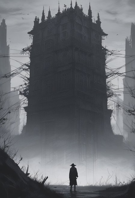 scenery, outdoor, masterpiece, best quality, ultra-detailed, (anime style), hires, dark fantasy, eerie atmosphere, uncultivated, loneliness, thriller theme, fog