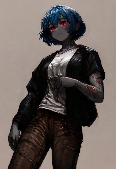 score_9, score_8_up, score_7_up, score_6_up,  1 female,
perspective. perspective from up, looking too the side.
 fit female, skinny body,  anime lips, opened mounth, femine body type.  
 gray skin color, red eyes color, dark-blue hair color,  biceps
 (haircut-short) 
 beautiful eyes, expressive eyes, slit pupils,
scars from cuts on biceps,
clother=brown cargo pants,t-shirt,dark long jacket.
NEGATIVE_HANDS