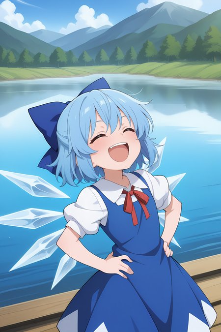 absurdres, highres, masterpiece, best quality, amazing quality, official anime artwork, screencap, anime screencap, outdoors, frozen lake, ice, hands on hips, open mouth, closed eyes, looking up, laugh, on a lake, head leaned back, leaned back, 
 <lora:Cirno_Illustrious:1> cirno, 1girl, solo, blue hair, short hair, ice wings, ice,, bow, hair bow, dress, blue dress, short sleeves, blue bow, puffy sleeves, red ribbon,