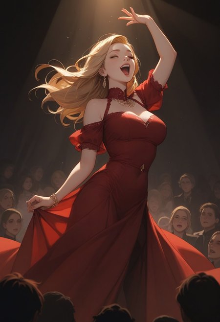 score_7_up, score_6_up, score_9, score_8_up, 1 girl, 
opera singer, plump woman, red dress, long blonde hair, 
singing, arm stretched out, 
opera hall, on a stage, audience infront, (dark room), ((spotlight shining on her)), curtains behind her