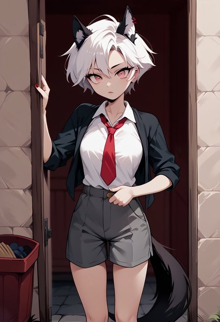 score_9, score_8_up, score_7_up, score_6_up, c1ca,1girl,adult,bare_legs, impossible_clothes, body_silhouette, adjusting clothes, eye_contact, perfect_breasts, lips parted, slim, short hair, pink eyes, white hair, animal ears, red piercing, black wolf tail,ruanyi1043, white shirt, red tie, grey shorts, fishnets, standing, cute_expression, outdoors,porch,doorway,
