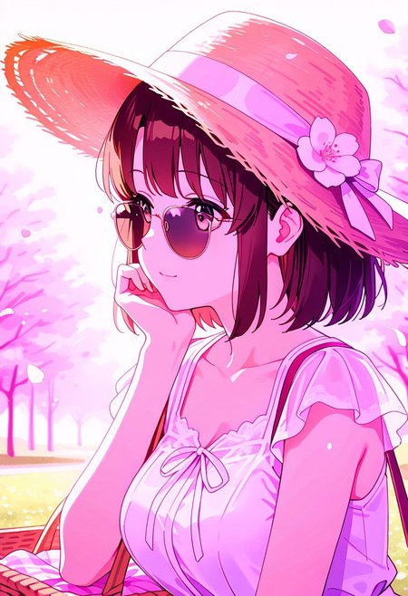 1girl,Megumi <lora:IL-KatoMegumi:0.8>,brown hair,katou megumi,brown eyes,medium breasts,short hair, 
original, soft smile, floral background, solo, summer dress, straw hat, sundress, aesthetic vibes, pastel theme, picnic basket, flower petals, upper body, light breeze, sunglasses, cherry blossoms, meadow, soft sunlight, shoulder bag, ribbon on hat, jewelry, white dress, translucent fabric, hand resting on chin, bokeh background, sky gradient,
masterpiece,best quality,high quality,good quality,newest,((detailed eyes))