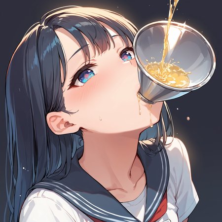 score_9, score_8_up, score_7_up,source_anime, high res image,masterpiece,best quality,girl,cute face,clear skin,shiny hair,ultra detailed eyes,simple background , <lora:infundibulum insertion_pony_V1.0:1> infundibulum insertion,insert mouth,pee