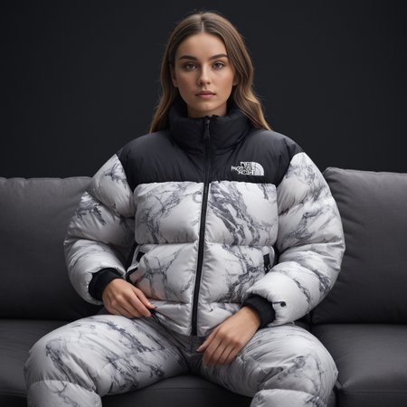 (full body shot) cute british woman wearing Marble prints  tnf_nuptse jacket and thick puffy double layered tnf_nuptse puffer salopettes, hyperdetailed photography,4k textures,intricate details,4k resolution   <lora:pufferdown_tnf_nuptse:0.5>, sitting on a couch, in a dark room, cinematic still