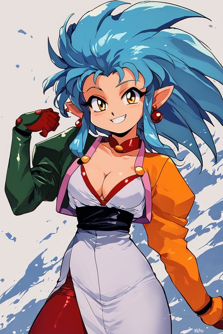score_9, score_8_up, score_8, medium breasts, (curvy), cute, eyelashes,       BREAK, ,   zzRyouko, spiked hair, long hair, yellow eyes, pointy ears, blue hair,  cleavage, long sleeves, gloves, jewelry, earrings, retro artstyle, 1990s (style), <lora:Ryouko_PDXL:1.0>,, BREAK, smile, looking at viewer, cowboy shot, ,,, embedding:zPDXL, Expressiveh, ,,, <lora:Zankuro_Style_PDXL:0.8> <lora:SDXLFaeTastic2400:0.5>, <lora:Expressive_H-000001:0.4>,