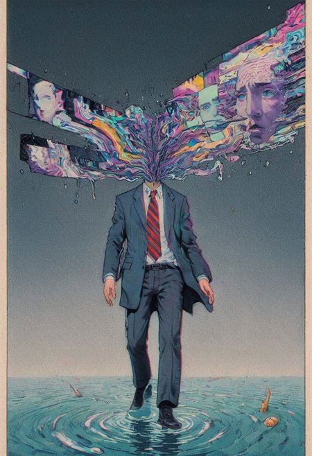 Colorful glitched Sketch By herg, Parasyte - The Maxim, glitched head depressed Business Woman Walking Home from work, water, violence, drowning,