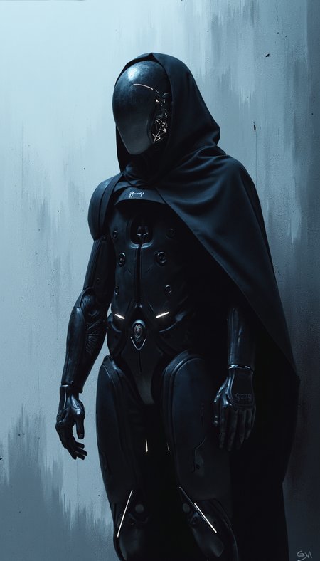 SCI_FACTOR_COREA atmospheric and powerful dark fantasy, impressionist classical-style painting of an futuristic A m3m3 photo, high-resolution cyberpunk-style render, Grover depicted as an agile courier, wearing sleek aerodynamic gear with luminescent strips and a visor displaying data streams