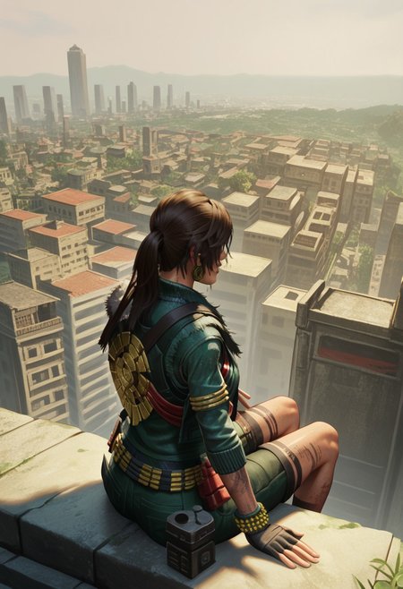 Score 9, score 8, score 7, 1girl, solo, Lara croft, tomb raider, exterior, city, sitting, jacket, hc