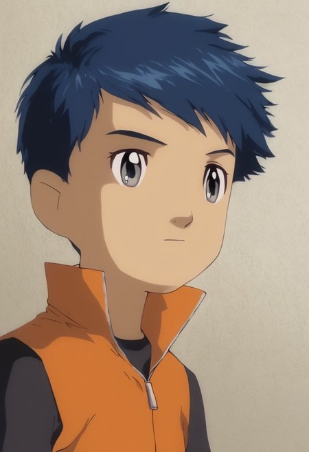 henry wong, blue hair, grey eyes, orange vest, black shirt, dark brown trousers, short hair,detailed face, detailed eyes, solo, portrait, score_9, score_8_up, score_7_up, score_6_up, detailed, intricate details, highres, absurdres