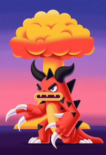 wh1m5y_style flat illustration, closeup of an adorable Deathclaw with an nuclear mushroom cloud behind it, post apocalyptic background, fallout vibe