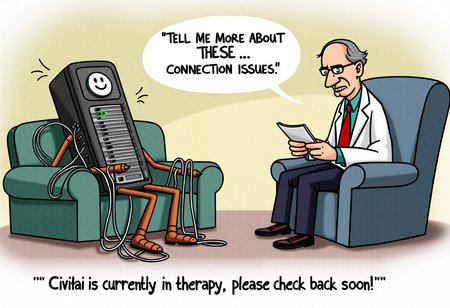 A cartoonish scene of a computer server sitting in a therapist's office, lying on a couch, talking to a doctor who is taking notes. The server looks stressed, with cables tangled like nerves, and a power button that resembles a worried face. The doctor, a wise old CPU with glasses, says, 'Tell me more about these... connection issues.' The text at the bottom reads, 'Civitai is currently in therapy, please check back soon!' in a quirky, playful font.