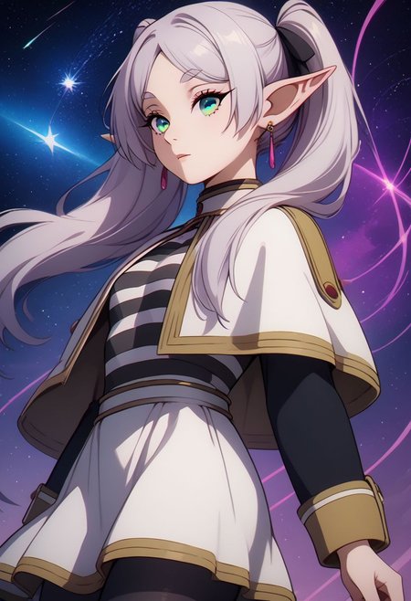 score_9, score_8_up, score_8, medium breasts, (curvy), cute, eyelashes,  rating_safe,
BREAK, 
zzFrieren, long hair, twintails, green eyes, grey hair, pointy ears, elf, shirt, long sleeves, jewelry, earrings, striped, capelet, striped shirt, white skirt, black pantyhose,
BREAK, 
dynamic angle, stars, floating, colorful, pink, blue eyes, black bow, from side, on back, spaceship, technological,
zPDXL,