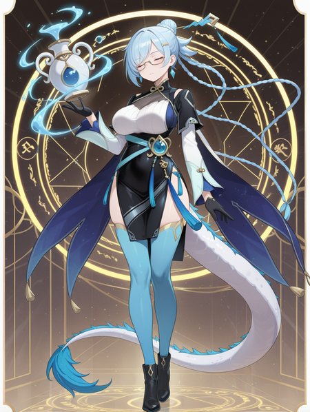dragon tale fymena, 1girl, solo, magic circle, closed eyes, full body, hydrokinesis, large breasts, closed mouth, standing, dragon girl, blue hairpin, yellow hairclip, gold under-rim eyewear, black capelet, black china dress, cyan detached sleeves, black gloves, multicolored cape, cyan thighhighs, black high heel boots, single blue earring, floating white bottle, white bottle,
masterpiece,best quality,amazing quality,very aesthetic,absurdres,newest,<lora:Dragon Tale Fymena illuXL v1.31:0.75>,
