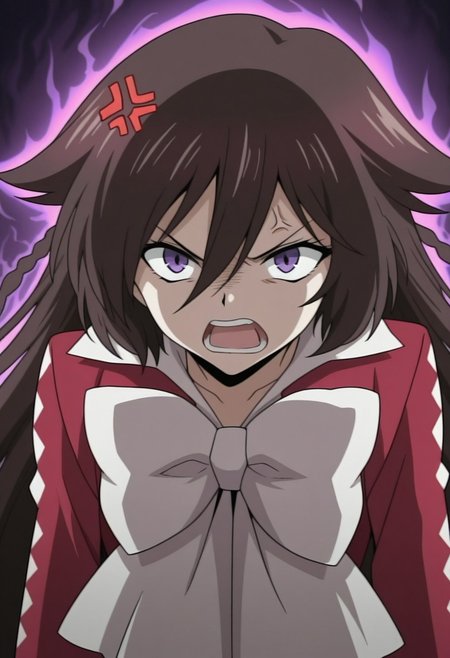 masterpiece,best quality,amazing quality, source_anime, 
PHalic, 1girl, solo, purple eyes, brown hair, very long hair, braid, dress, red dress, bow, white bow, angry, anger vein, evil aura, parody,